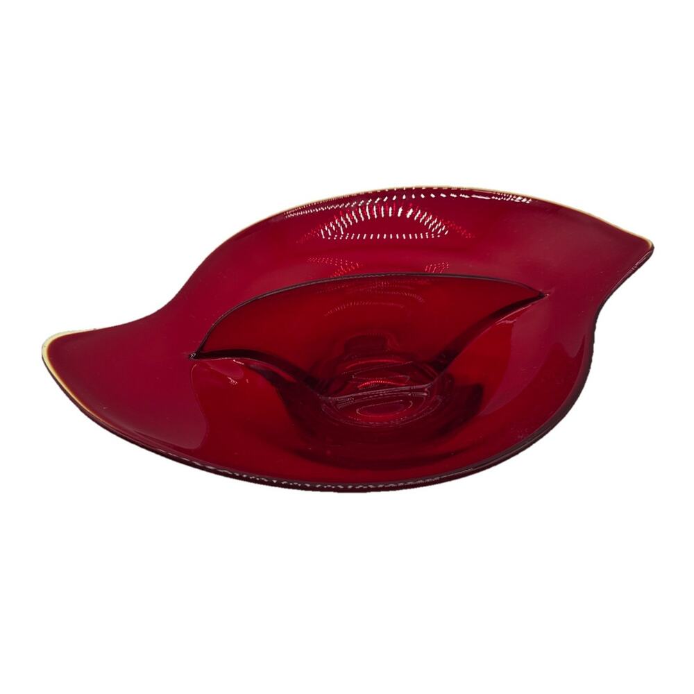 Vtg Viking Ruby Red Glass Divided Dish Nut Bowl Trinket Rim UV Glows 8X6in